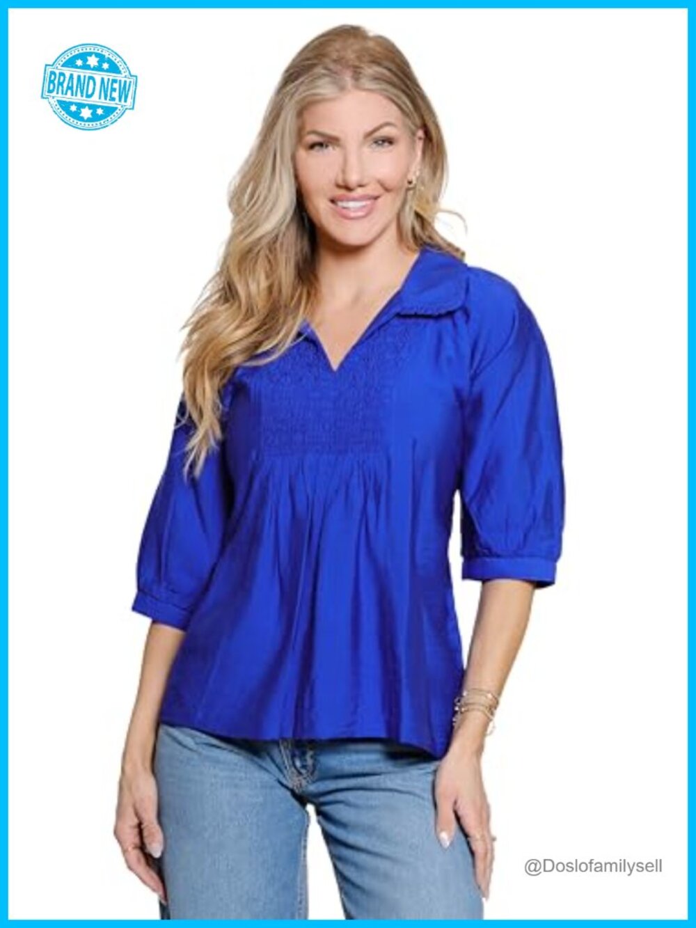 Woven Popover Tunic Split Neck Shirring Elbow Sleeve Point Collar